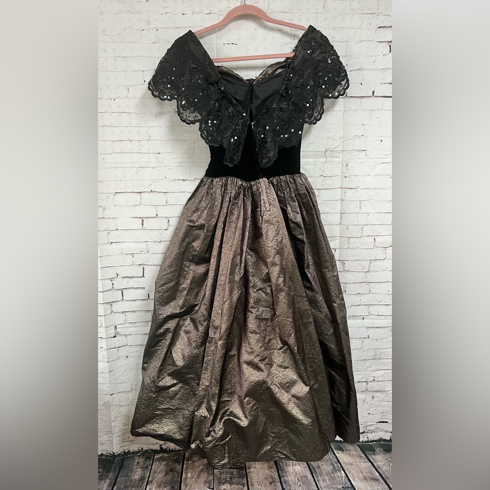 Vintage 1980’s Jessica McClintock Dress Size 6 Black Gold Velvet Metallic Full - Picture 2 of 14